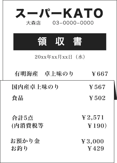レシートを折りたたんで撮影している例